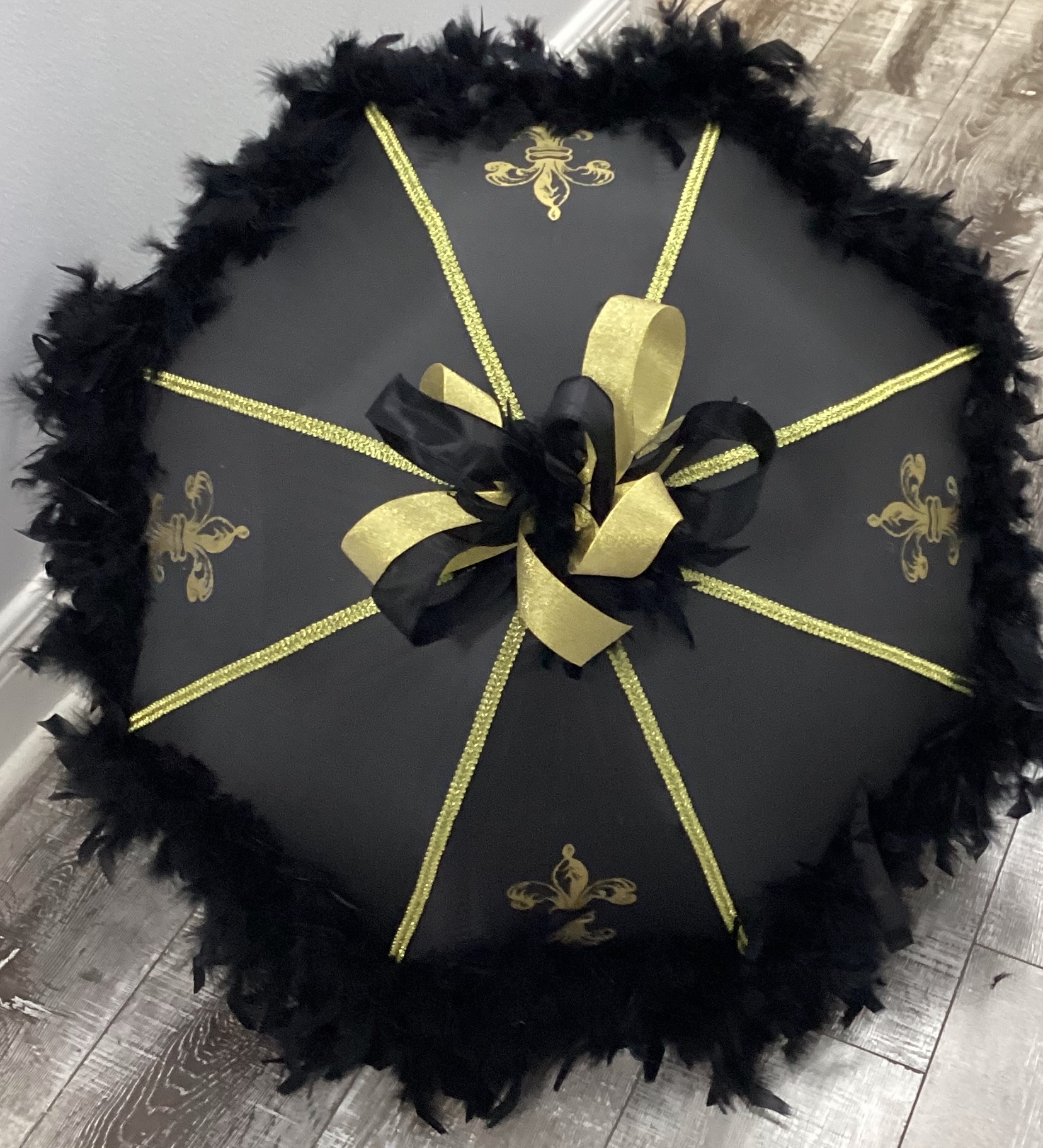 Black Umbrella with Gold Ribs and Black Boa